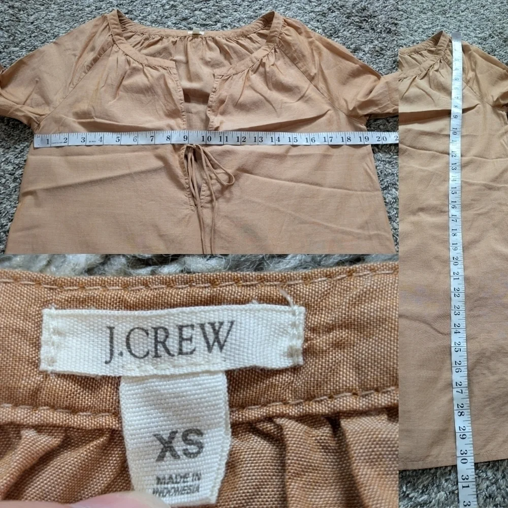 J Crew tan sheer long sleeve 100% cotton tie neck blouse XS